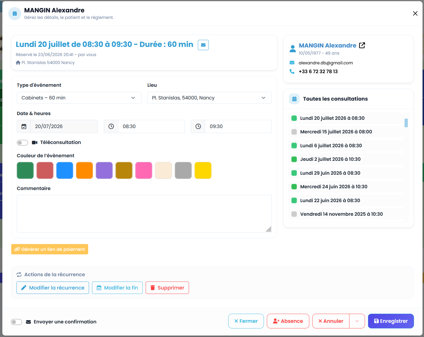Création d'un rendez-vous dans l'agenda MaGestionPsy