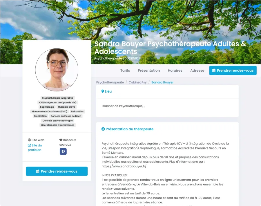 Page de prise de rendez-vous — Psychothérapeute — adultes et adolescents